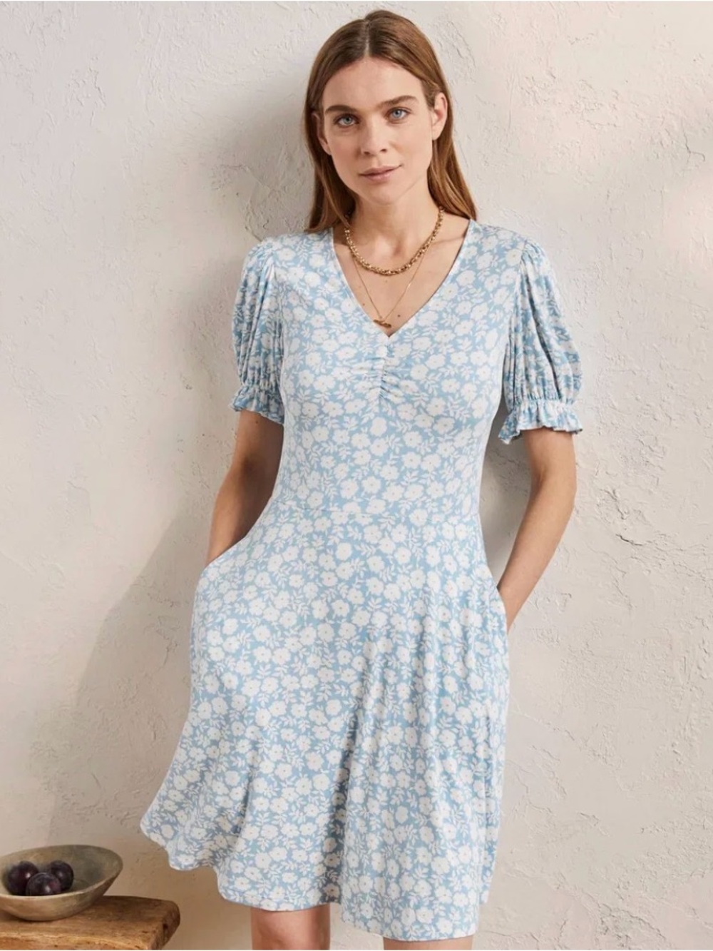 Boden Blue Floral EcoVero Jersey Mini Dress Puff Sleeve V-Neck Sz 2R Cottagecore